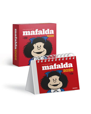 CALENDARIO MAFALDA 2026, ESCRITORIO ROJO CON CAJA