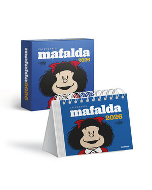 CALENDARIO MAFALDA 2026, ESCRITORIO AZUL CON CAJA